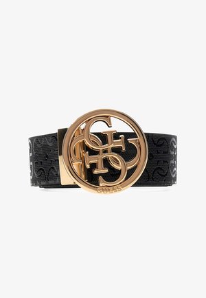 Black belt with a textured finish, featuring a large, gold-tone circular buckle engraved with "GUESS" and interlocking letter design.