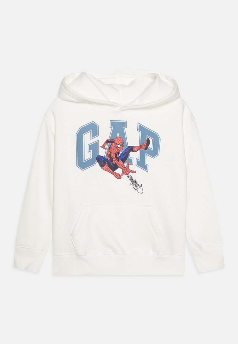 Sweat à capuche blanc en tissu doux avec un graphique de Spider-Man et le mot "GAP" en bleu, avec une poche kangourou à l'avant.