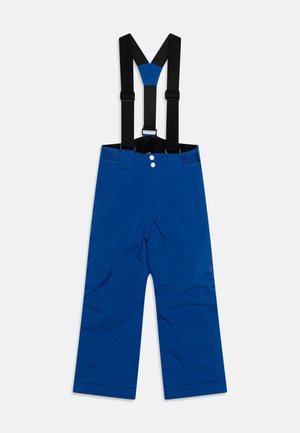 Pantaloni impermeabili blu con bretelle nere regolabili, due tasche frontali e chiusura con bottone in vita, caratterizzati da una texture liscia.