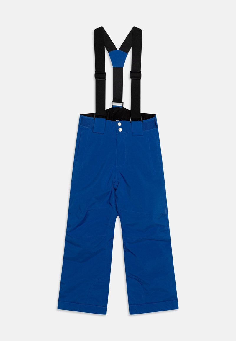 Pantalon imperméable bleu avec bretelles noires réglables, deux poches frontales, et une fermeture par bouton à la taille, avec une texture lisse.