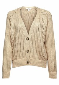 Beige gestrickte Strickjacke mit tiefem V-Ausschnitt, sichtbarem Maschenmuster und drei großen Knöpfen vorne. Rippenbündchen an Ärmeln und Saum.