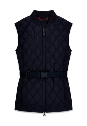 Veste matelassée noire sans manches avec fermeture éclair devant, col côtelé et ceinture réglable à boucle à la taille.