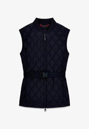 Veste matelassée noire sans manches avec fermeture éclair devant, col côtelé et ceinture réglable à boucle à la taille.