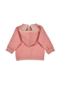 Rosa gestrickter Hoodie mit einem strukturierten Muster, einem gerippten Kragen und Bündchen sowie einer dreieckigen Kapuze mit einem gestreiften Innenfutter.