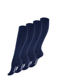 Navy knee-high socks made of soft fabric, featuring a smooth texture and a subtle logo near the toe. Four pairs displayed in a row.