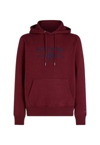 Burgundyröd hoodie i mjukt tyg med en framlapp, ribbade cuffs och huva. Har en marinblå logotyptryck på bröstet.
