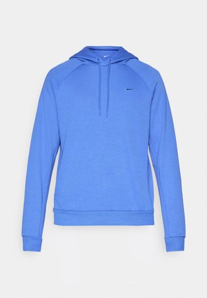 Blue hoodie made of soft fabric, featuring a front kangaroo pocket, drawstring hood, and a small logo on the chest.
