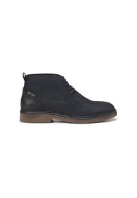 Bottines en cuir noir avec un bout rond, un système de laçage à l'avant et une semelle en caoutchouc brun. Comprend une étiquette imperméable et des détails de couture discrets.