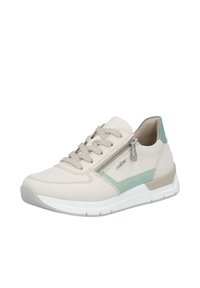 Baskets basses beige et vertes avec lacets sur le devant, fermeture éclair latérale, semelle rembourrée et doublure intérieure douce.