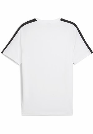 Weißes Sport-T-Shirt mit kurzen Ärmeln. Schwarze Akzente an den Schulternähten. Glatte Textur, runder Halsausschnitt und lockere Passform.