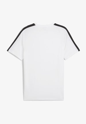 T-shirt de sport blanc à manches courtes. Accents noirs sur les coutures des épaules. Texture lisse, col rond et coupe décontractée.