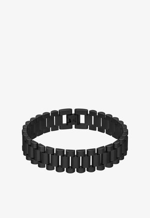 Black stainless steel watch band with rectangular links and a folding clasp closure.