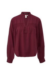 Burgunderfarbene Bluse mit langen Ärmeln und Mandarin-Kragen, gerafftem Detail auf der Brust und elastischen Bündchen. Weicher, fließender Stoff.