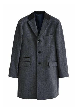 Wollmischung Übermantel in dunkelgrau mit strukturiertem Muster, Reverskragen, drei Knöpfen und zwei Seitentaschen. Akzente aus schwarzem Stoff.