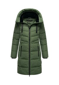 Puffer coat in dark green with a hood, featuring a zippered front, two side pockets, and black accents along the zipper and pockets.