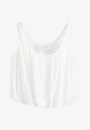 Valge ilma varrukateta topp, mis on valmistatud kergest ja siledast kangast. Omab laia ümmargust kaelust ja lõdva, volditud alläärega. Silt: NEXT.