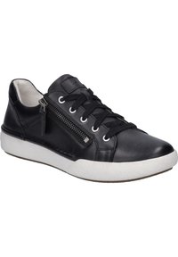 Baskets en cuir noir à profil bas, dotées d'une semelle texturée blanche, de lacets noirs et d'un détail de fermeture éclaire sur le côté.