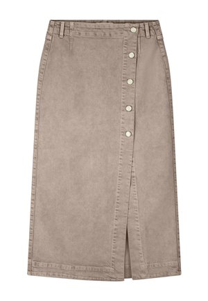 Beige midirok met een voorste zijschuif, knoopsluiting, riemlussen en zichtbare stikdetails.