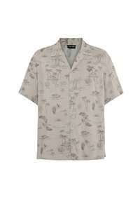 Camicia a maniche corte con colletto di colore beige, decorata con un motivo tropicale marrone, che include palme, conchiglie e barche, realizzata in tessuto leggero.