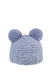 Light purple knitted beanie with textured pattern, featuring two fuzzy pom-poms on top. Organic shape, soft material, and rolled cuff.
