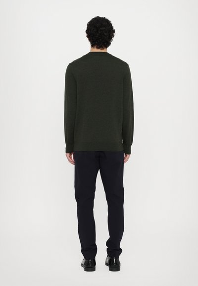 Dunkelgrüner Strickpullover mit Rundhals und langen Ärmeln, kombiniert mit dunklen Hose und schwarzen Schuhen, von hinten betrachtet.