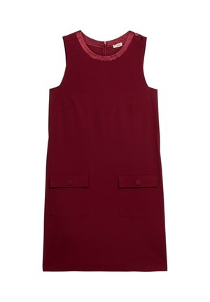 Bordeaux mouwloos jurkje met een ronde halslijn, satijnen afwerking, twee voorzakken en knopenaccenten op de schouders en achterkant.