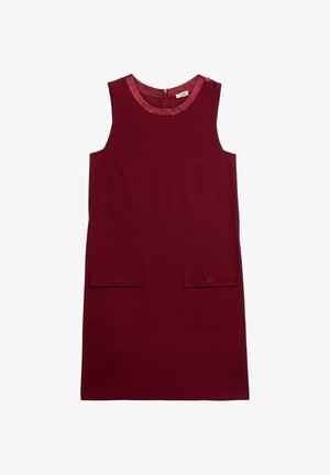 Bordeaux mouwloos jurkje met een ronde halslijn, satijnen afwerking, twee voorzakken en knopenaccenten op de schouders en achterkant.