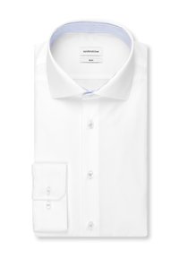 Chemise blanche slim fit à manches longues, poignets boutonnés et col classique avec doublure intérieure bleu clair.