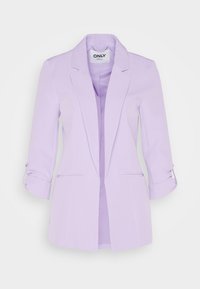 Blazer lilas avec une coupe ajustée, des revers structurés, des manches retroussables et deux poches avant. Confectionné dans un tissu lisse, intérieur non doublé.