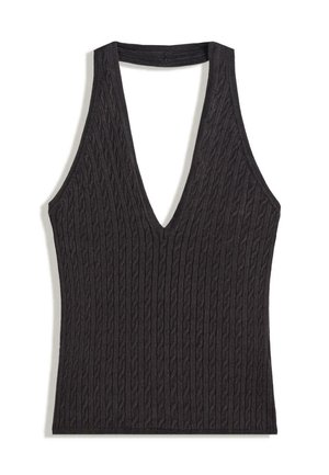 Schwarzes ärmelloses Oberteil mit tiefem V-Ausschnitt, das mit einem strukturierten Kabelstrickmuster und einem taillierten Design ausgestattet ist.