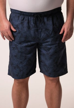 Costumi da bagno blu navy con motivo a foglia, vita elastica, lacci e tessuto morbido; lunghezza fino a metà coscia con una vestibilità comoda.
