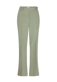 Pantaloni verdi a gamba larga realizzati in tessuto liscio, con pieghe frontali, vita aderente e dettaglio con bottone laterale.