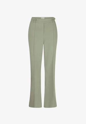Green flared pants made of smooth fabric, featuring front pleats, a fitted waist, and a side button detail.