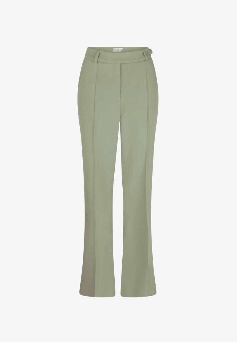 Pantaloni verdi a gamba larga realizzati in tessuto liscio, con pieghe frontali, vita aderente e dettaglio con bottone laterale.