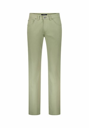 Hellgrüne, schmal geschnittene Hose mit Gürtelschlaufen, vorderem Knopf, Reißverschluss und Vorderentaschen, auf weißem Hintergrund dargestellt.