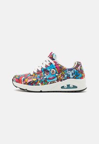 Colorful sneaker with a white base, featuring a vibrant graphic print of cartoon characters. Air cushioning in the sole. Black rubber outsole.