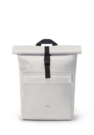 Light gray roll-top backpack with black buckle strap, front pocket, and top handle against white background.