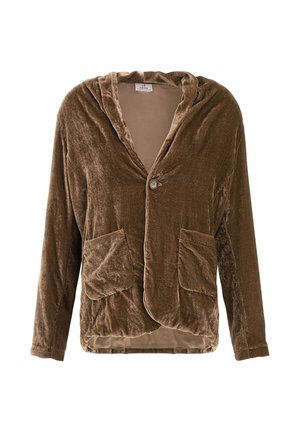 Bruine fluwelen hoodie-jack met een enkele knoopsluiting, twee voorzakken en een zachte, gestructureerde uitstraling.