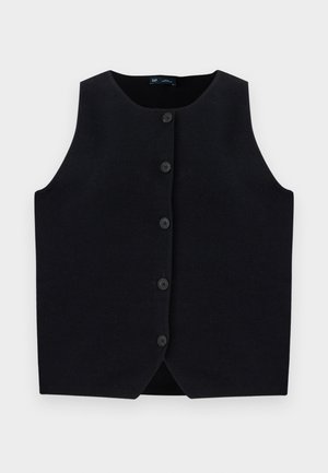 Svart ärmlös väst i stickad material, med rund halsringning och sex framknappar. Inga fickor eller ytterligare detaljer.