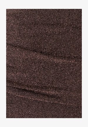 Brown metallic fabric with a textured finish, featuring horizontal pleats and a smooth bottom edge. Soft and flexible textile.
