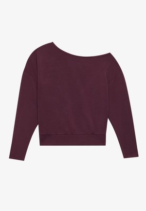 Crop top bordeaux à manches longues avec un large décolleté hors épaule et un tissu doux. Doté d'épaules tombantes et d'une coupe décontractée.
