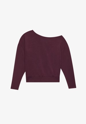 Burgundska dolga majica s kratkimi rokavi s širokim ovratnikom, ki pada čez ramena, in mehkega materiala. Ima spuščena ramena in sproščen kroj.