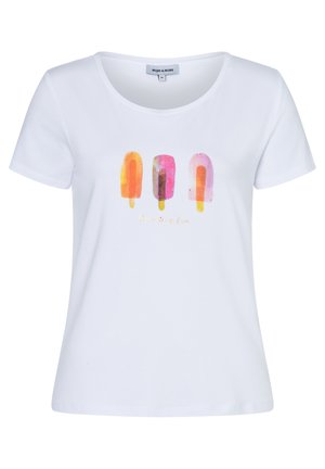 Weißes T-Shirt mit kurzen Ärmeln und rundem Ausschnitt, mit einem bunten Eis am Stiel Design und goldenem Text "Three easy fun."