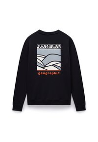 Black sweatshirt featuring a graphic design of layered hills in blue and white, with "NAPAPIJRI" text and "geographic" accent in orange.