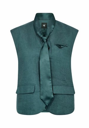 Varrukateta tumeroheline vest satiinist lipsuga, struktureeritud kraega, kahe kaanega taskuga ja ühe rinnataskuga, millel on voltidega detail.