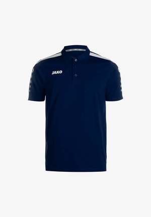 Marineblauwe polo gemaakt van ademend materiaal, met een klassieke kraag, drie knopen en witte strepen met logo op de linkerborst en mouwen.