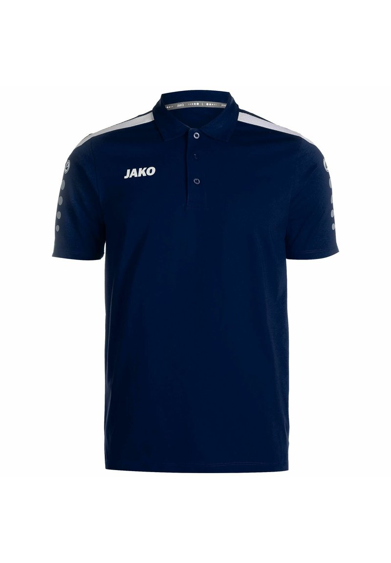 Polo bleu marine en tissu respirant, avec un col classique, trois boutons, et des rayures blanches avec un logo sur la poitrine gauche et les manches.