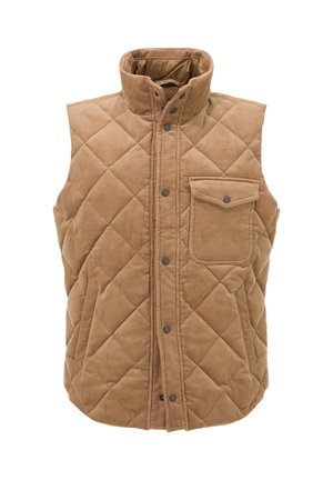 Gilet in velluto a coste marrone con motivo a rombi, colletto alto, chiusura a pressione e tasca frontale. Texture liscia e design a strati.