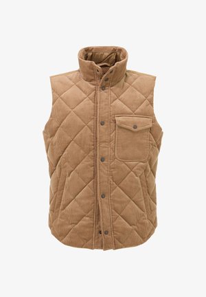 Brun corduroy vest med diamant quilts mønster, høj krave, trykknap lukning og en forlommer. Glat tekstur og lagdelt design.