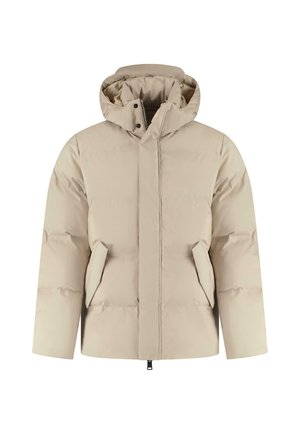 Beige Daunenjacke mit Kapuze, Frontreißverschluss und zwei seitlichen Taschen. Verfügt über ein strukturiertes, gesteppte Design zur Isolierung.